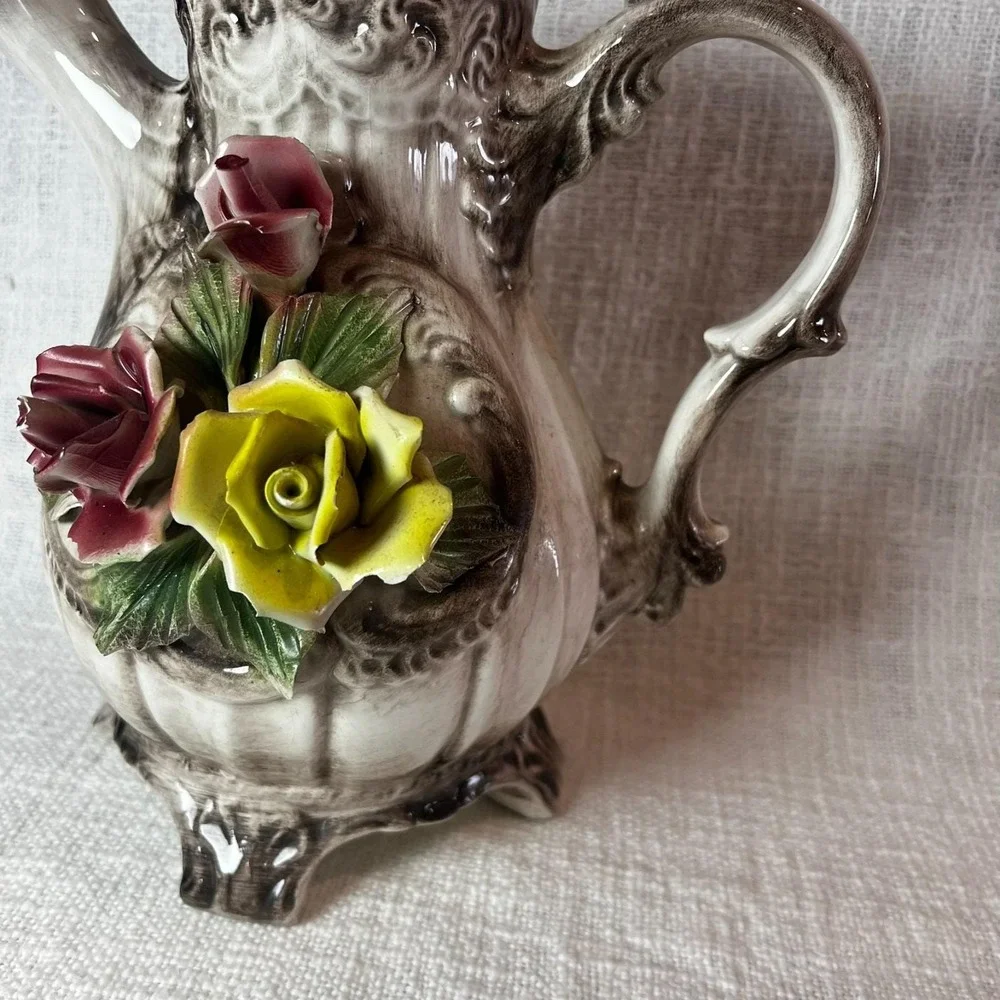 Vintage Italian Capodimonte Porcelain Flower Pitcher 1940s-1970s Damaged Flowers